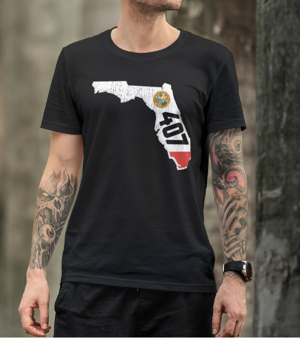 Florida Map Outline With State Seal And 407 Area Code T-Shirt