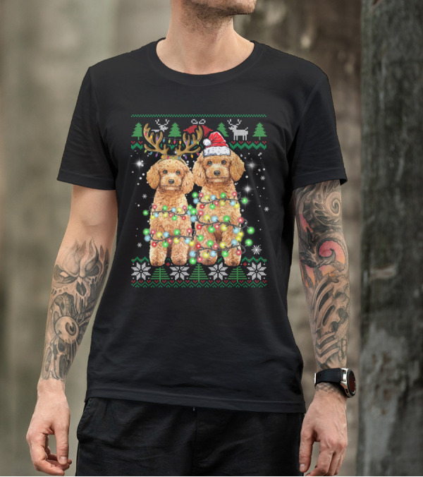 Poodle Dog Ugly Christmas Reindeer Hat Lights Puppy Funny Dog T-Shirt
