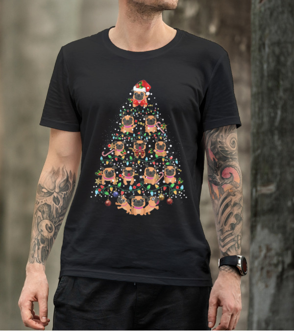 Pug Dog Christmas Tree With Santa Hat And Holiday Decorations T-Shirt