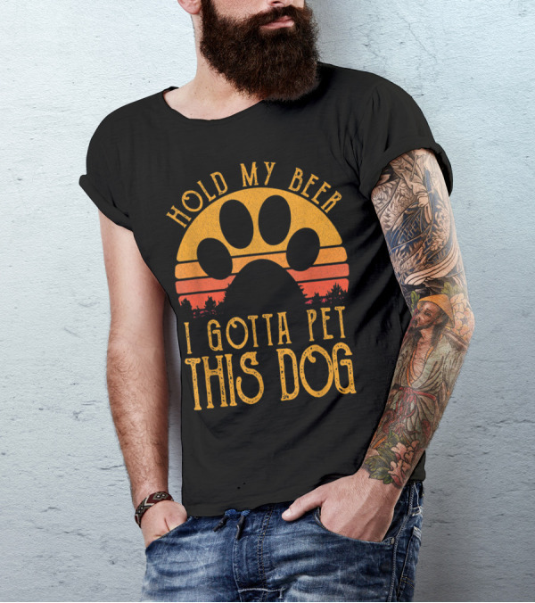 Hold My Beer I Gotta Pet This Dog Retro Vintage Paw Print Sunset T-Shirt