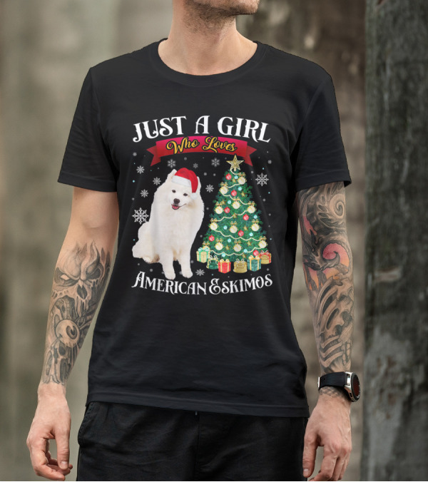 Just A Girl Who Loves American Eskimos Santa Hat Christmas Tree T-Shirt