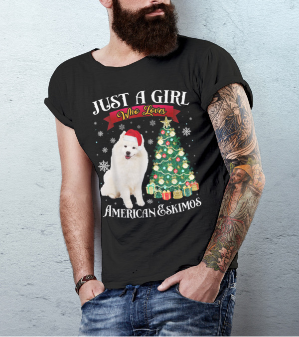 Just A Girl Who Loves American Eskimos Santa Hat Christmas Tree T-Shirt