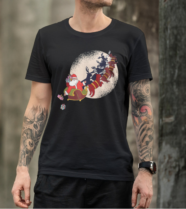 Santa Claus Flying With Reindeers Silhouette Under Full Moon Carrying Gift Sack T-Shirt