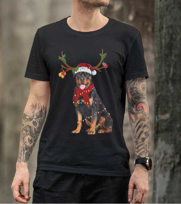 Santa Rottweiler Christmas Reindeer Lights T-Shirt