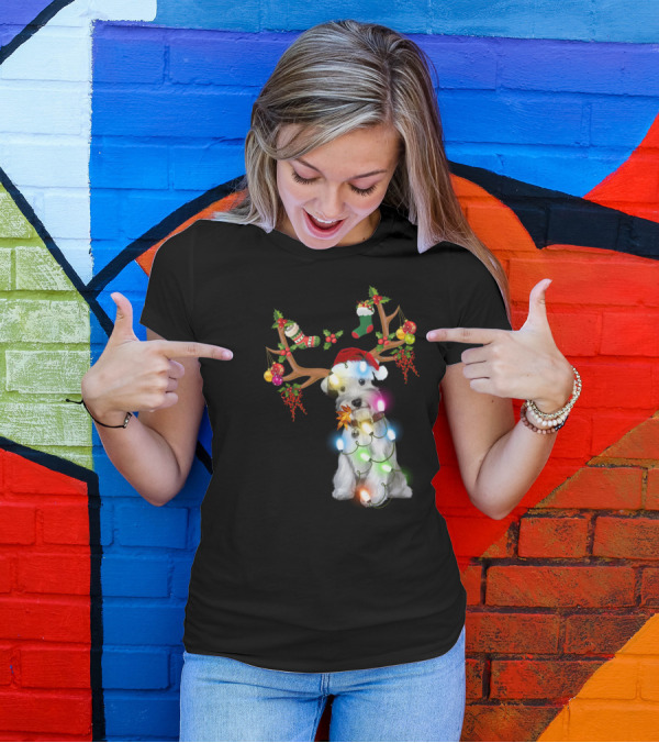 Santa Schnauzer Christmas Lights Reindeer Antlers Holiday Lover T-Shirt