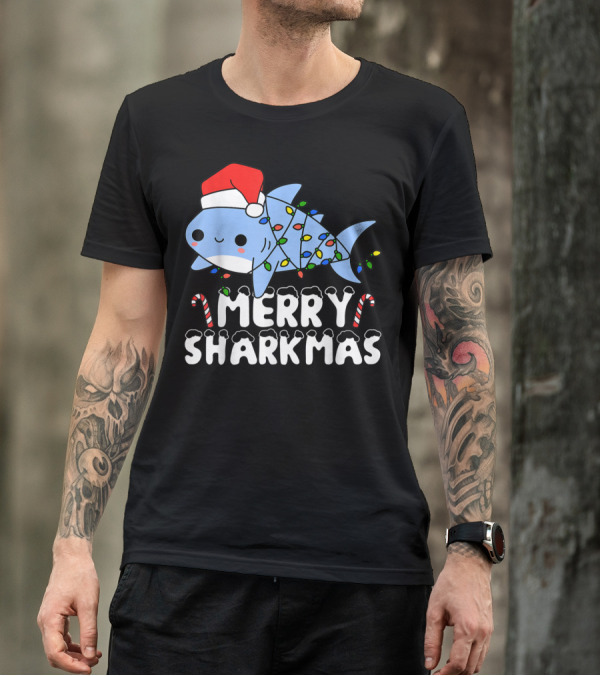 Merry Sharkmas Santa Shark Christmas Lights Boys T-Shirt