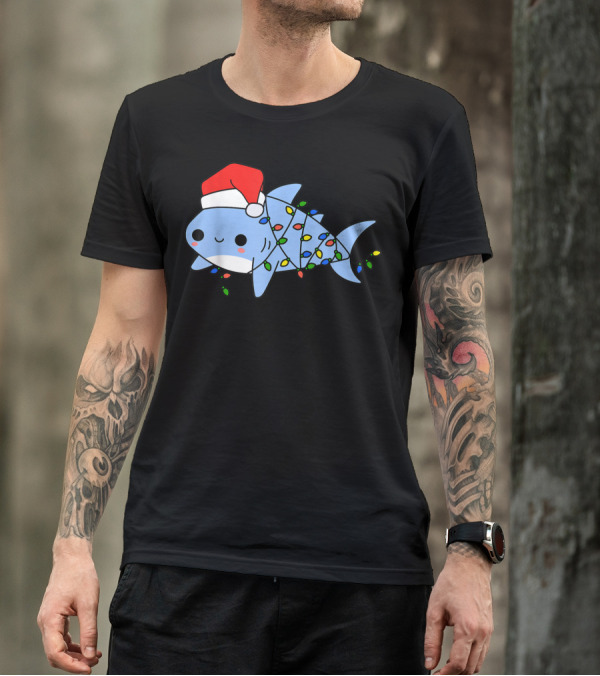 Santa Shark Christmas Lights Festive Sharkmas Boys Holiday T-Shirt