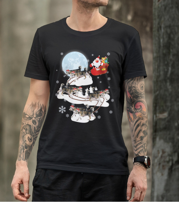 Santa Sleigh Alaskan Malamute Christmas Dog Moon Snowflakes T-Shirt