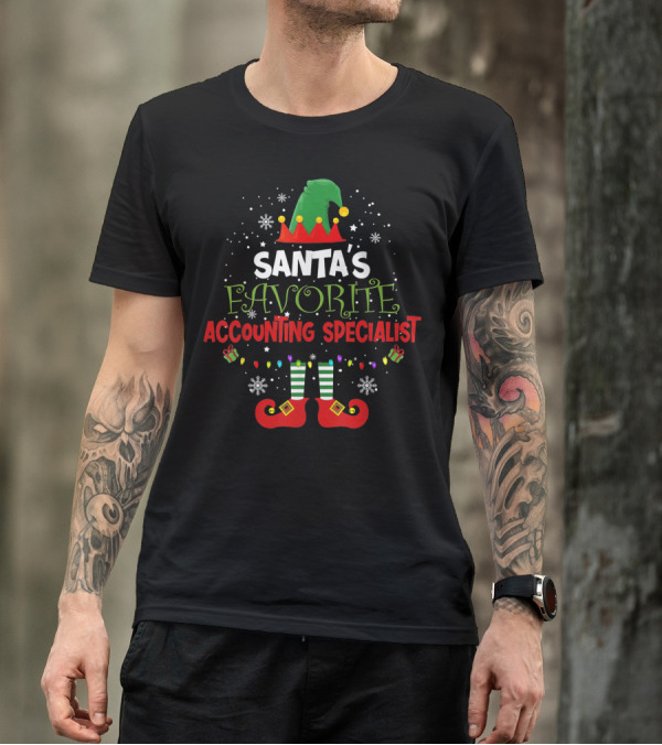 Santa's Favorite Accounting Specialist Elf Theme With Christmas Snowflakes And Gifts T-Shirt