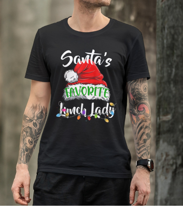Santa's Favorite Lunch Lady Santa Hat Christmas Lights T-Shirt