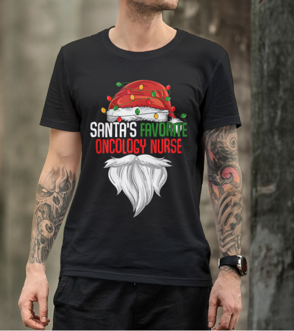 Santa's Favorite Oncology Nurse Christmas Lights And Beard T-Shirt