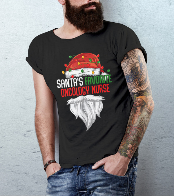 Santa's Favorite Oncology Nurse Christmas Lights And Beard T-Shirt