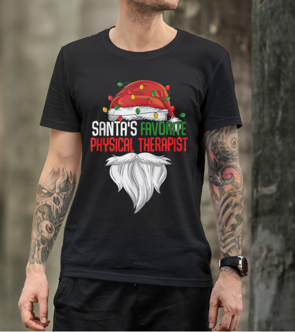 Santa's Favorite Physical Therapist Christmas Lights Hat And Beard T-Shirt