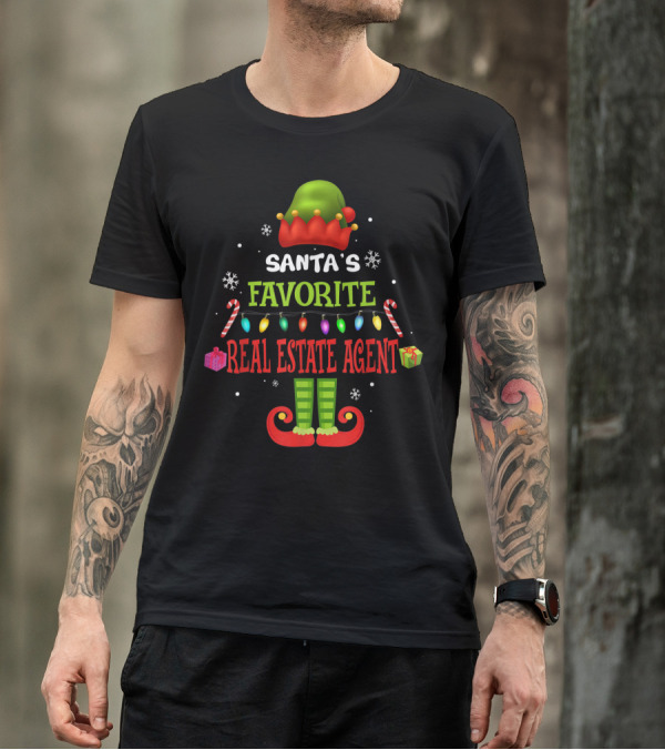 Santa's Favorite Real Estate Agent Christmas Elf Lights Candy Canes Gifts Snowflakes T-Shirt
