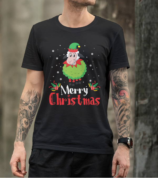 Merry Christmas Sheep In Elf Costume With Snowflakes T-Shirt