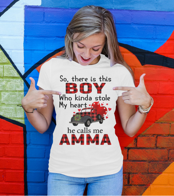 So There Is This Boy Who Kinda Stole My Heart He Calls Me Amma Red Plaid Truck Hearts T-Shirt