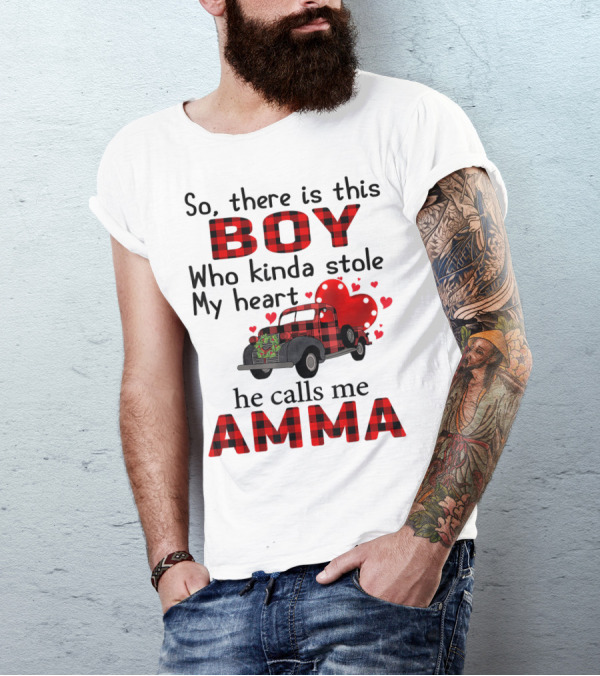 So There Is This Boy Who Kinda Stole My Heart He Calls Me Amma Red Plaid Truck Hearts T-Shirt