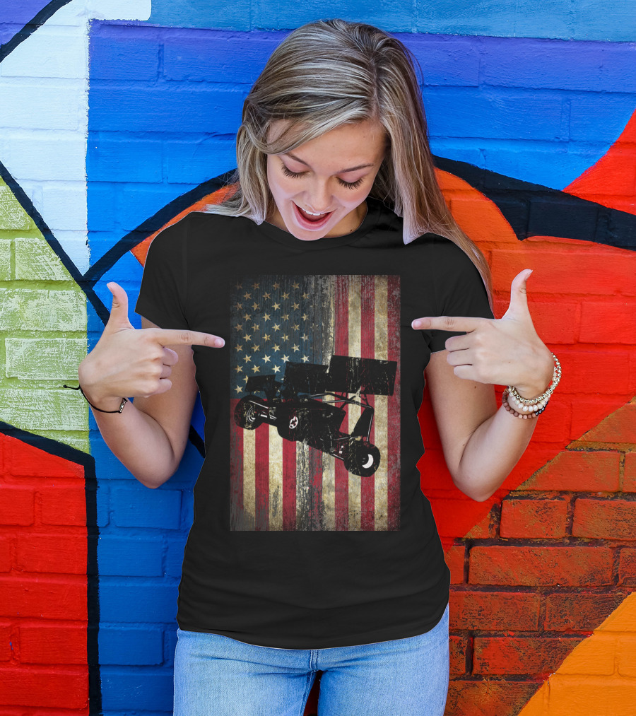 Sprint Car Dirt Track Racing American Flag Background T-Shirt
