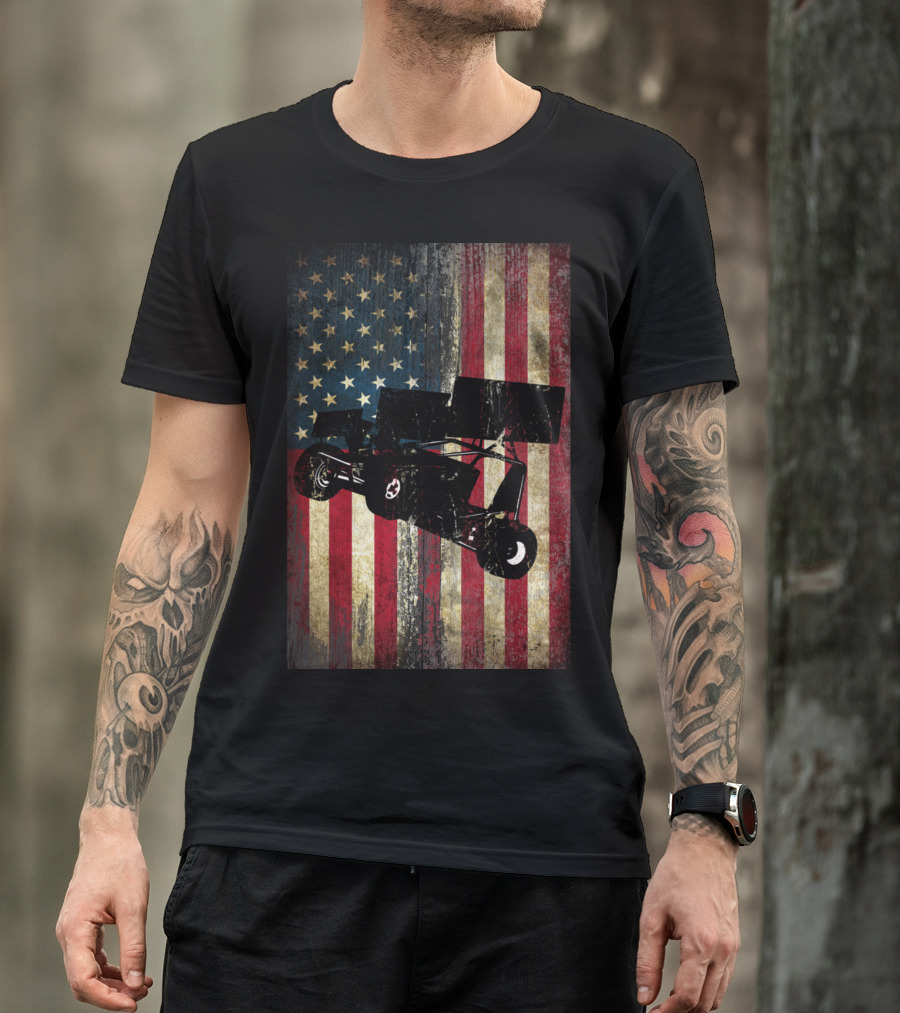 Sprint Car Dirt Track Racing American Flag Background T-Shirt