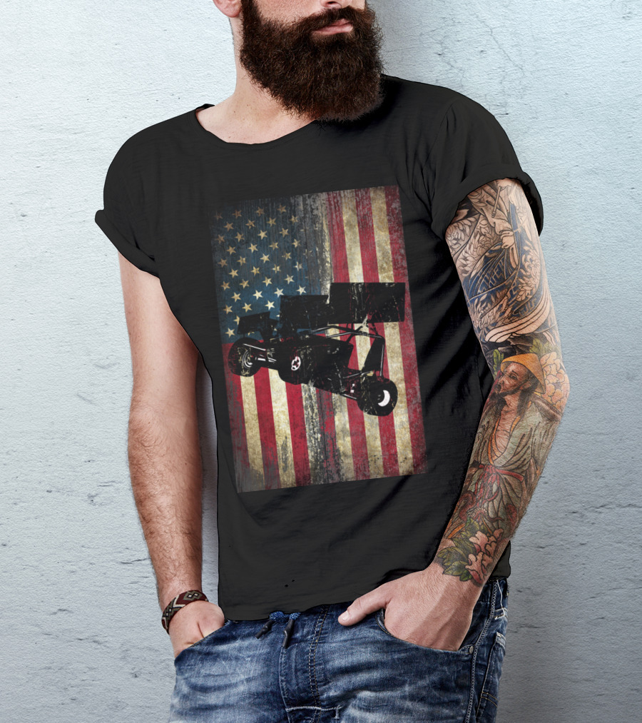 Sprint Car Dirt Track Racing American Flag Background T-Shirt