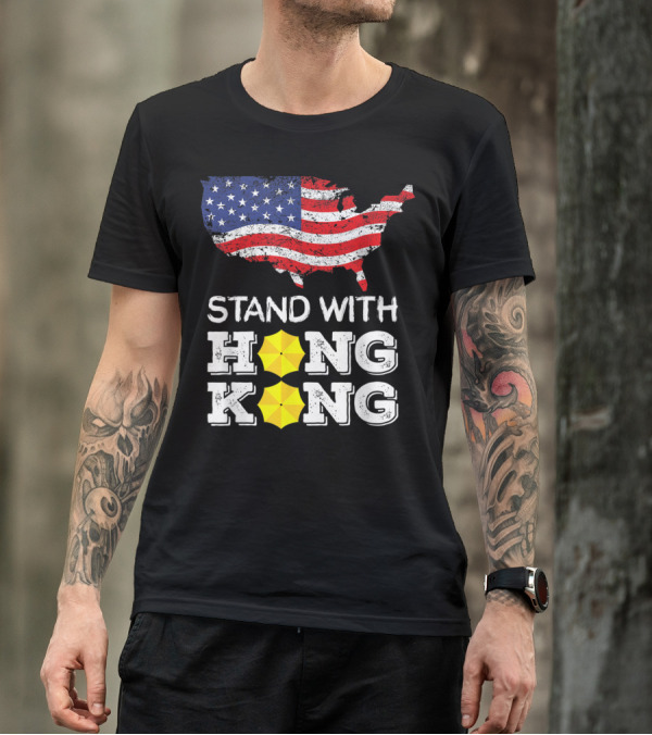 Stand With Hong Kong Strong American Flag Yellow Umbrella T-Shirt