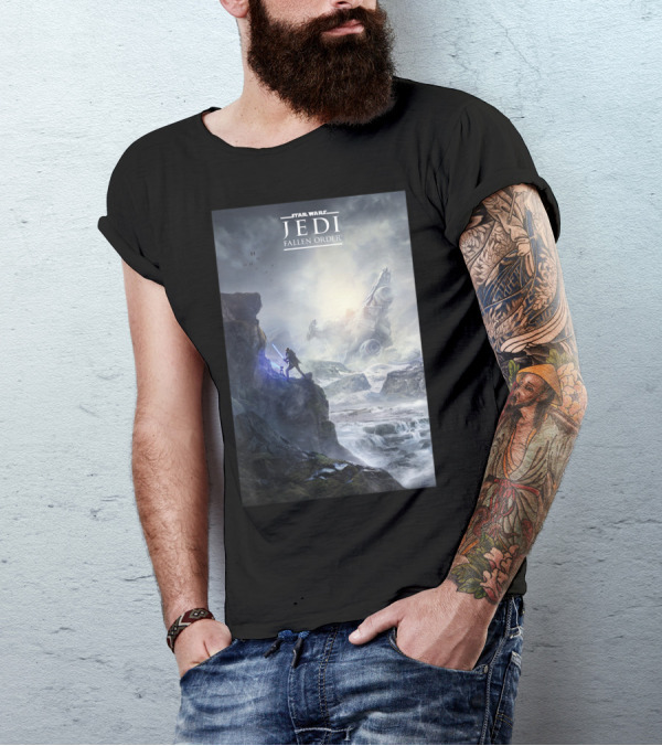Star Wars Jedi Fallen Order Scenic Battle With Stormtrooper And Ruins T-Shirt