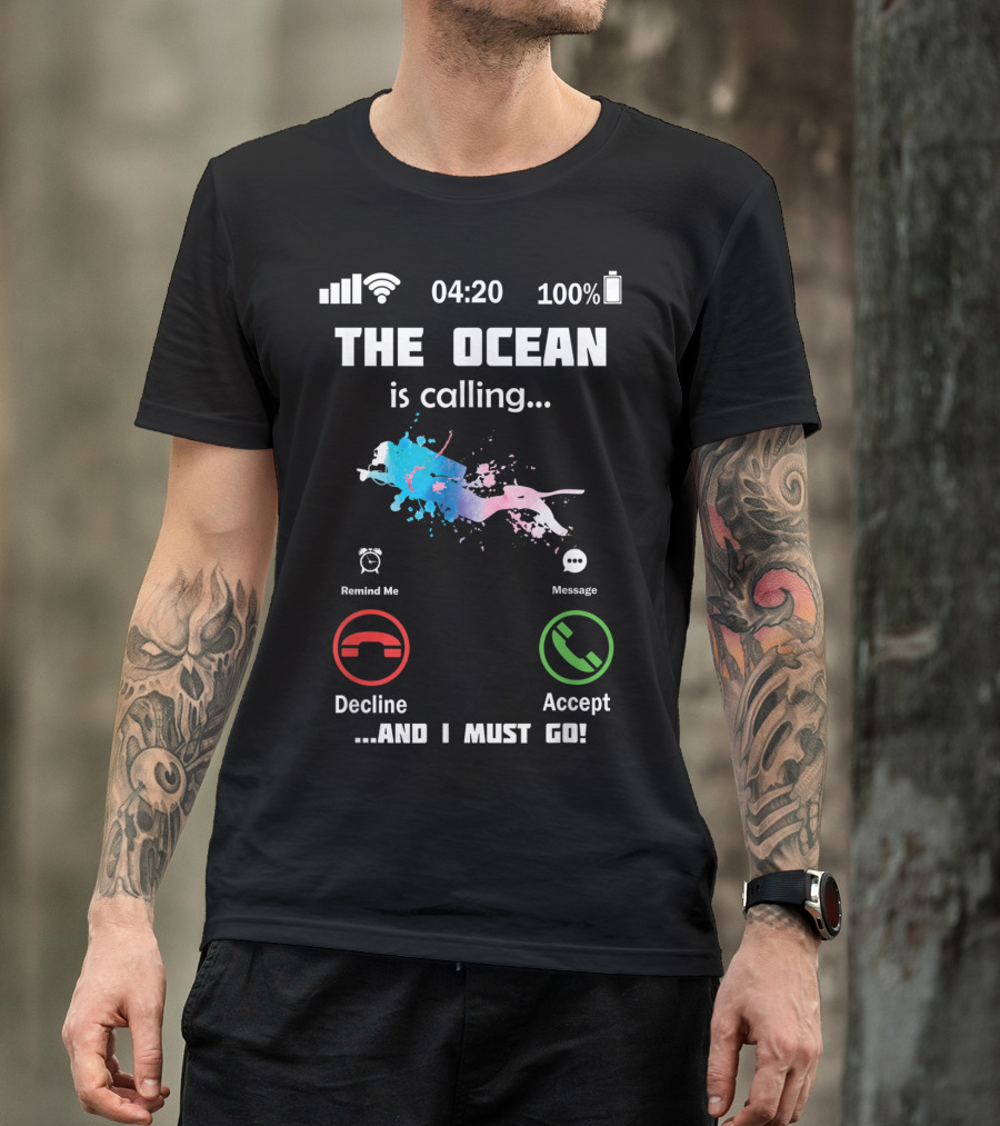 The Ocean Is Calling Scuba Diver Accept Decline 100% Battery 4:20 T-Shirt