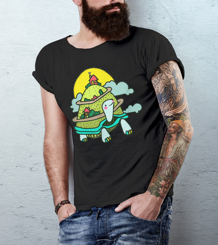 Turtle Life On A Mountain Path With Houses And Sun T-Shirt