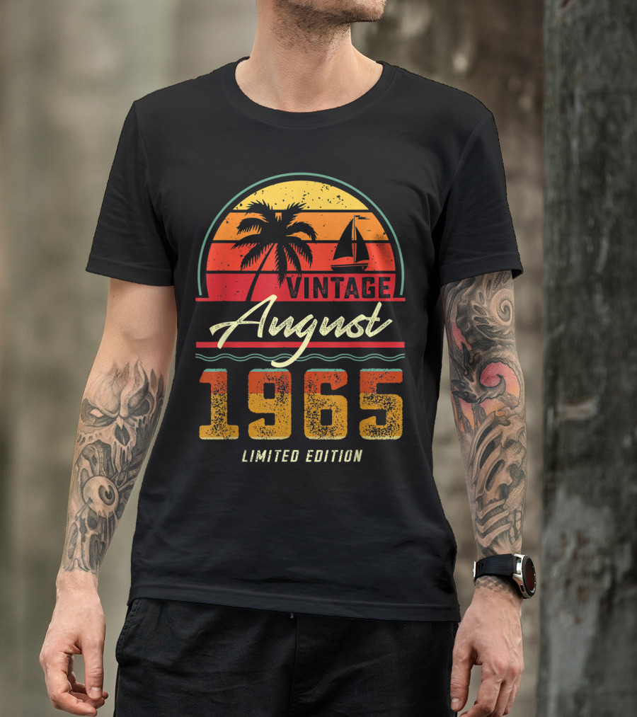 Vintage August 1965 Palm Tree And Sailboat Retro Sunset T-Shirt