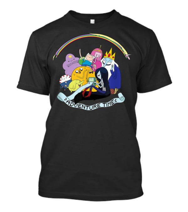 Adventure Time Characters Group With Rainbow And Script Banner T-Shirt