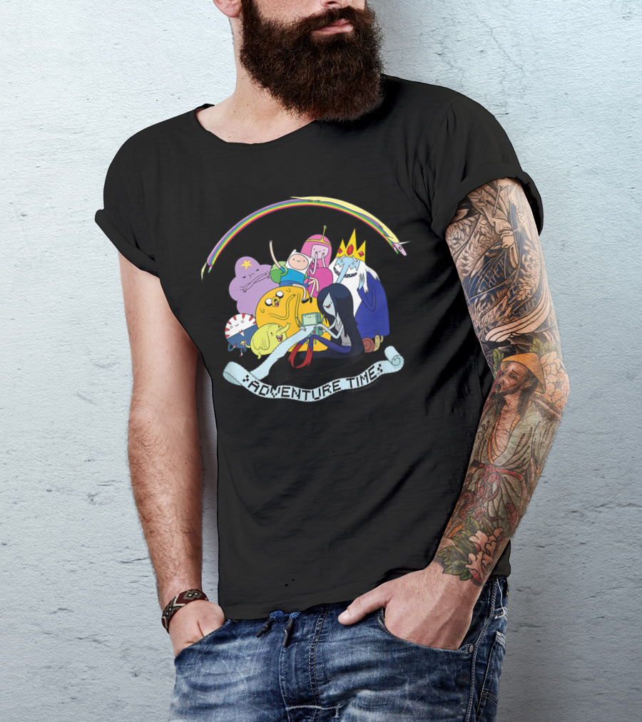 Adventure Time Characters Group With Rainbow And Script Banner T-Shirt
