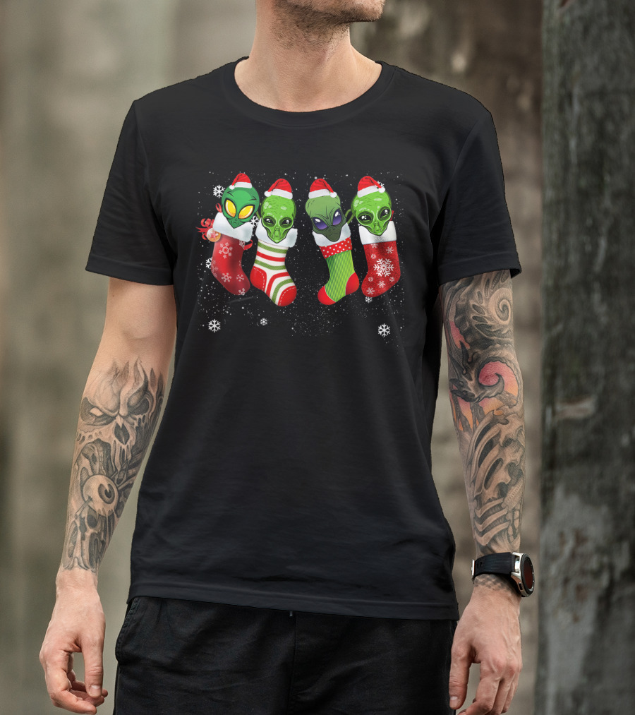 Aliens Wearing Santa Hats In Christmas Stockings With Snowflakes T-Shirt