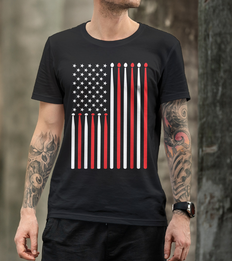 American Flag Drumsticks USA Drummer Musicians Patriotic T-Shirt