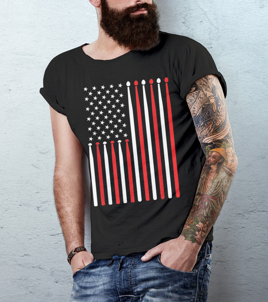 American Flag Drumsticks USA Drummer Musicians Patriotic T-Shirt