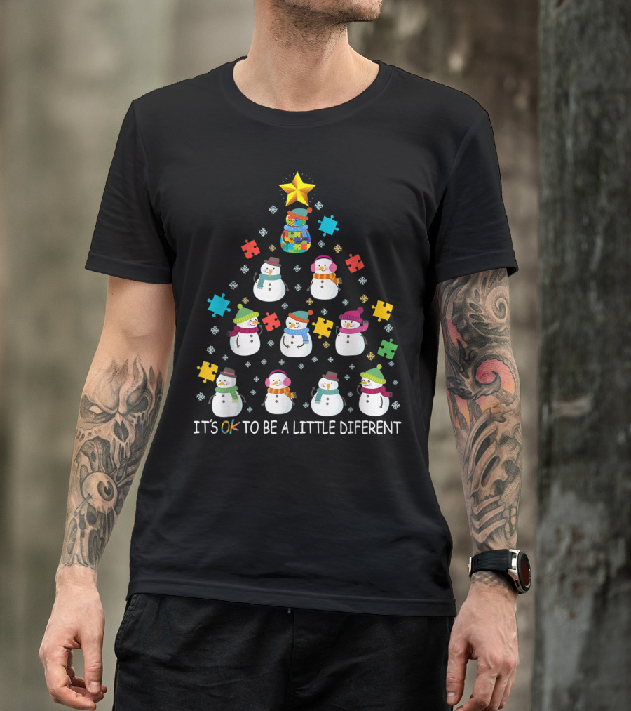 IT'S OK TO BE A LITTLE DIFERENT Snowman Autism Puzzle Tree T-Shirt