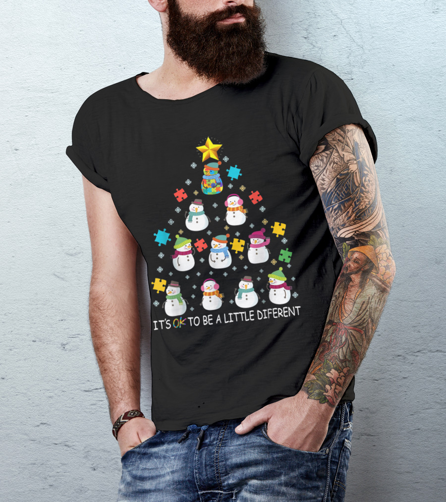 IT'S OK TO BE A LITTLE DIFERENT Snowman Autism Puzzle Tree T-Shirt