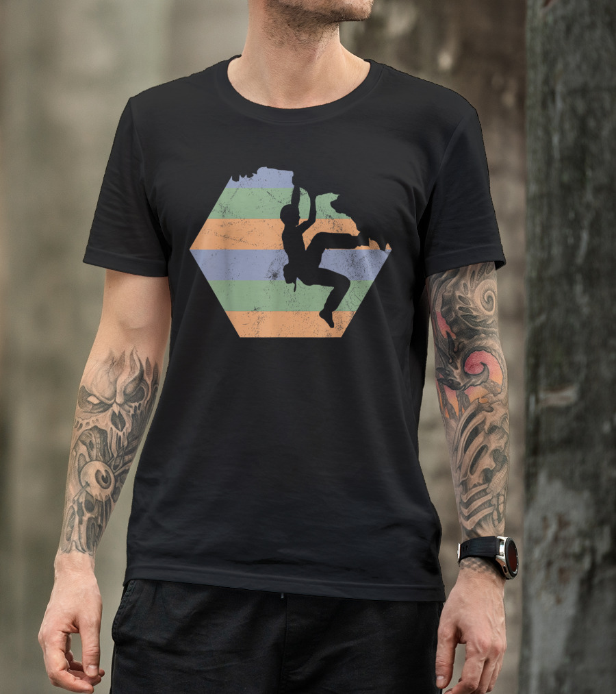 Bouldering Rock Climbing Climber Silhouette With Stripes T-Shirt