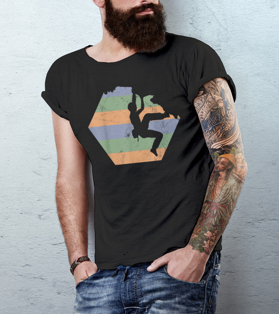 Bouldering Rock Climbing Climber Silhouette With Stripes T-Shirt