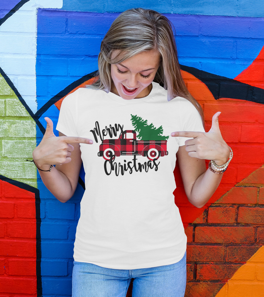 Merry Christmas Buffalo Plaid Red Truck T-Shirt