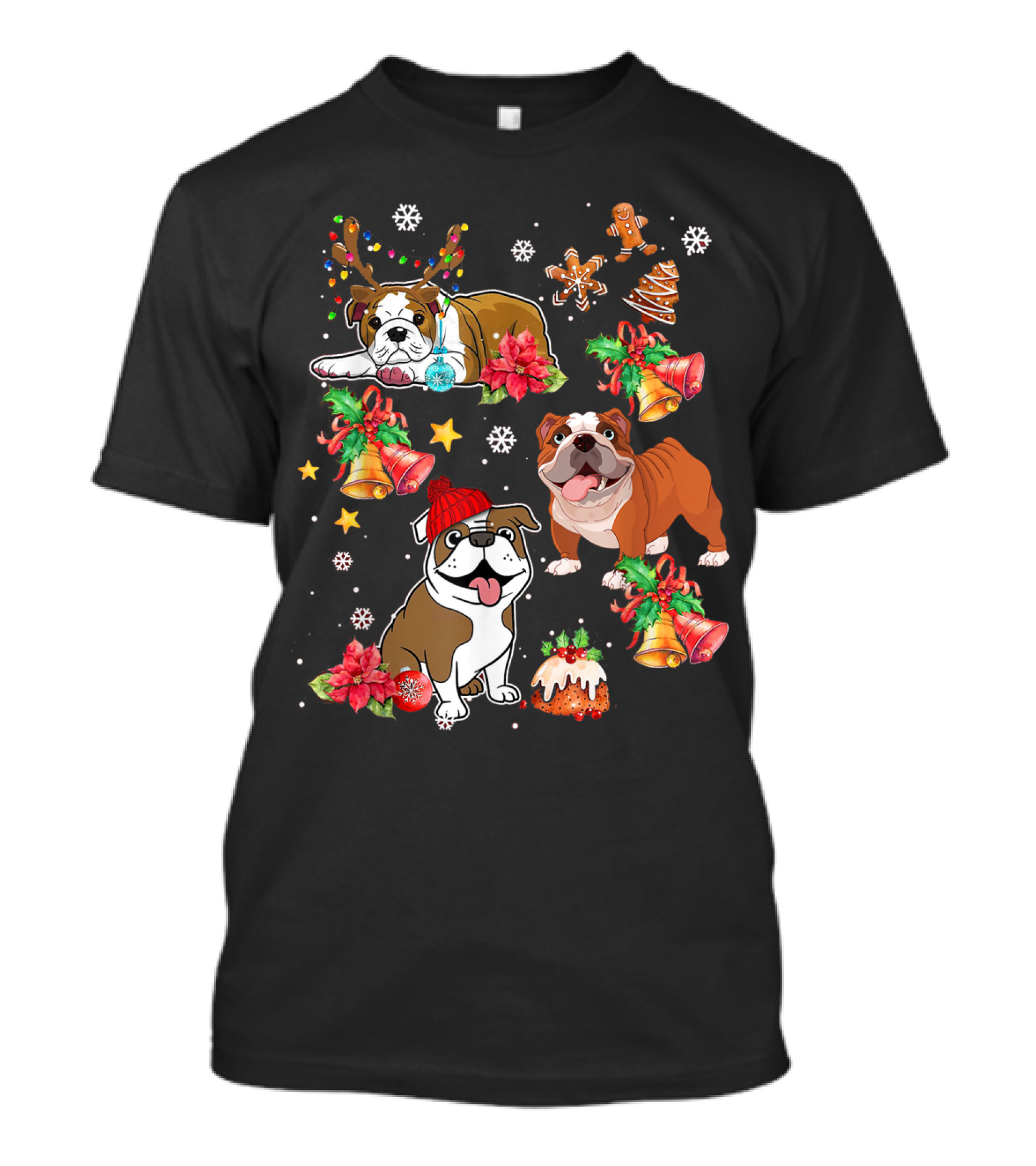 Bulldog Christmas Ornament Decoration With Bells And Gingerbread T-Shirt