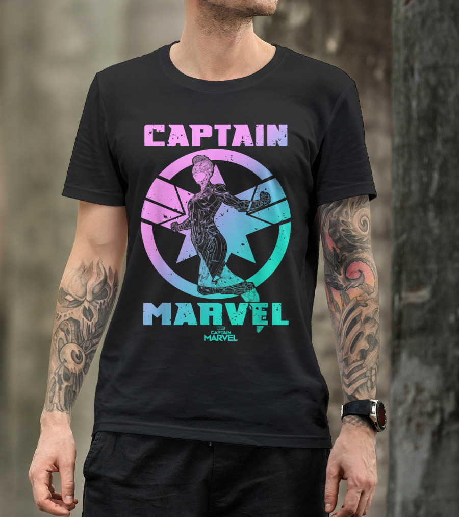 Captain Marvel Star Emblem Spectrum Heroine Pose T-Shirt