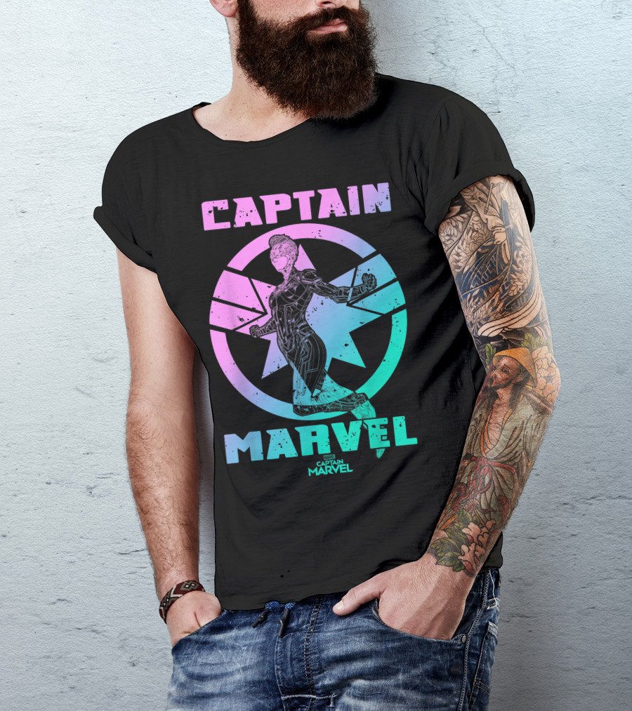 Captain Marvel Star Emblem Spectrum Heroine Pose T-Shirt