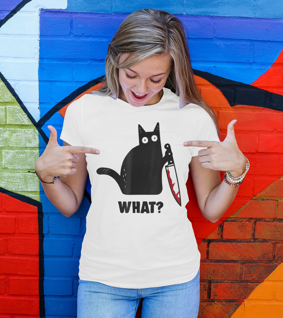Funny Black Cat With Knife And What? T-Shirt