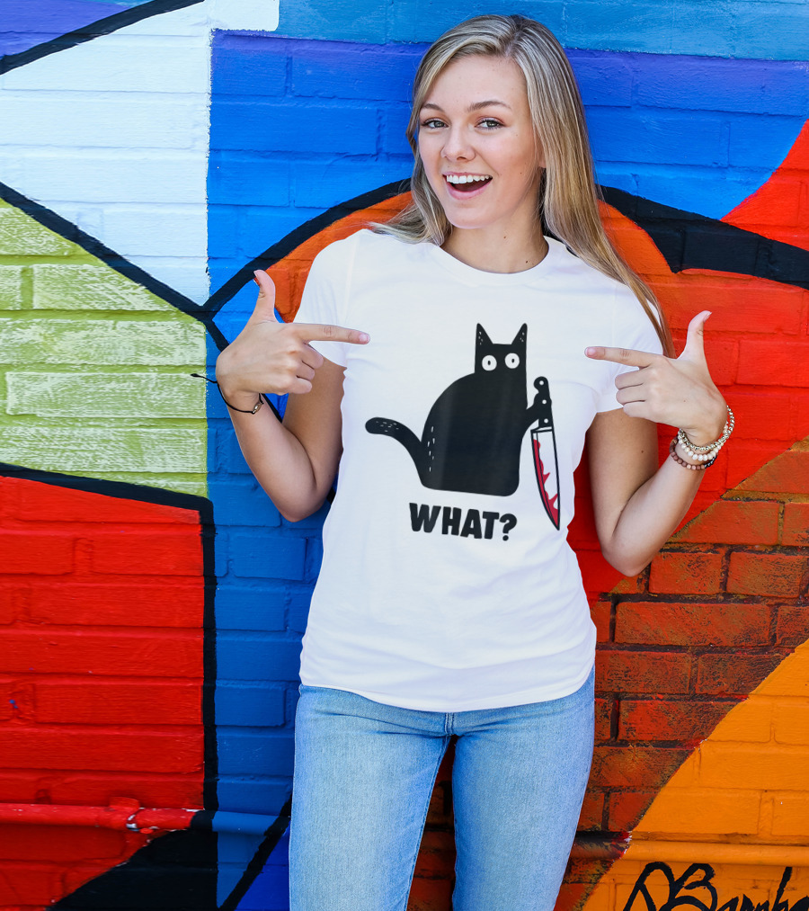 Funny Black Cat With Knife And What? T-Shirt