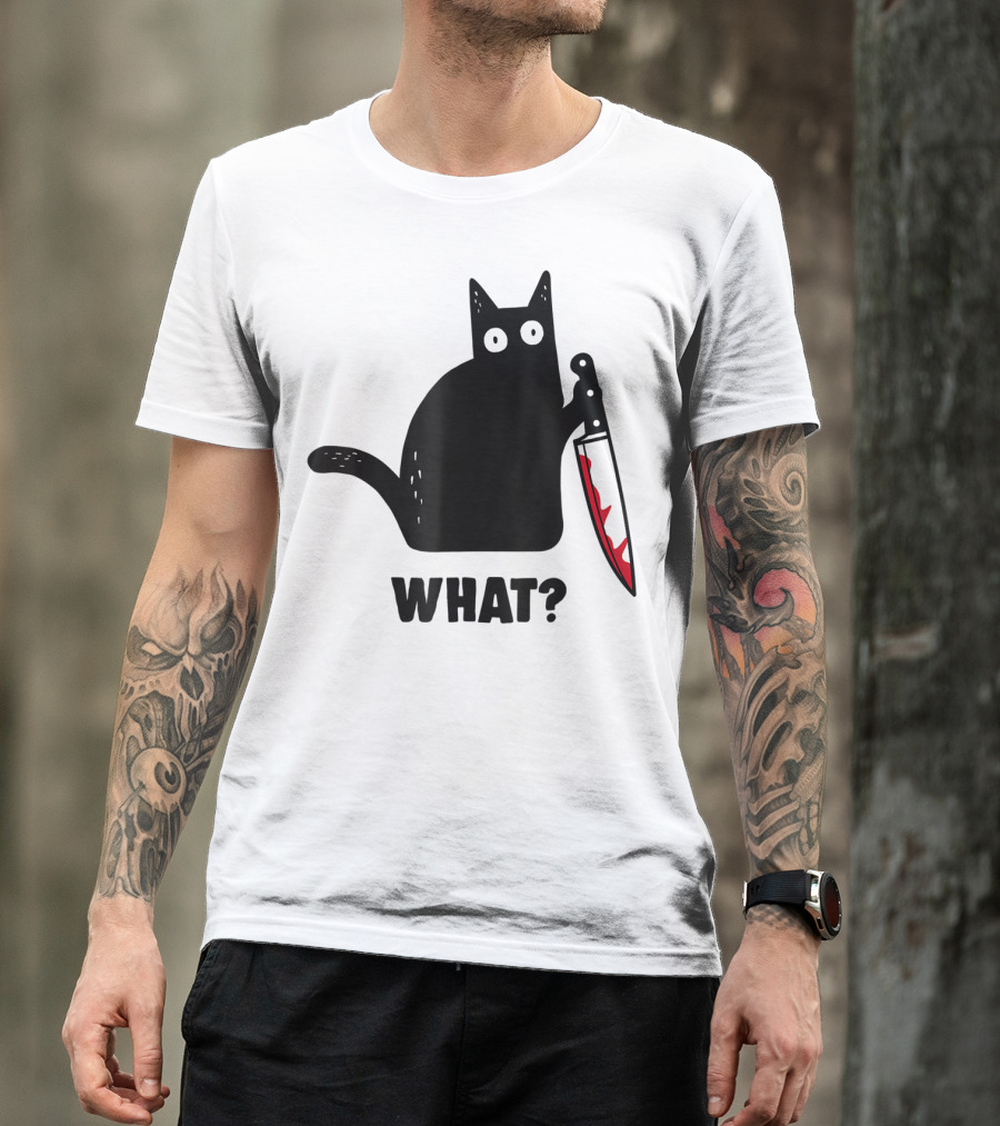 Funny Black Cat With Knife And What? T-Shirt