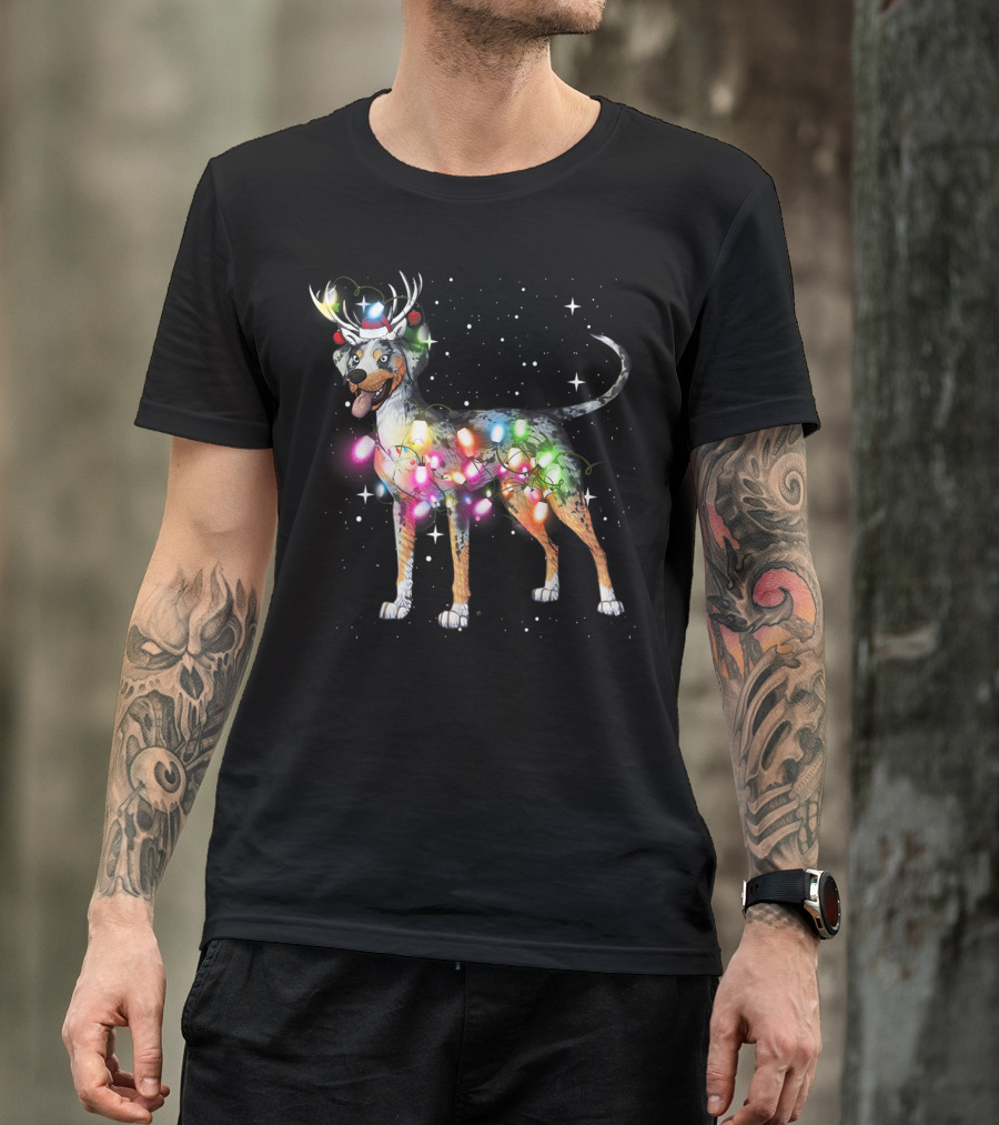 Catahoula Leopard Dog Wrapped In Christmas Lights With Reindeer Antlers And Santa Hat T-Shirt