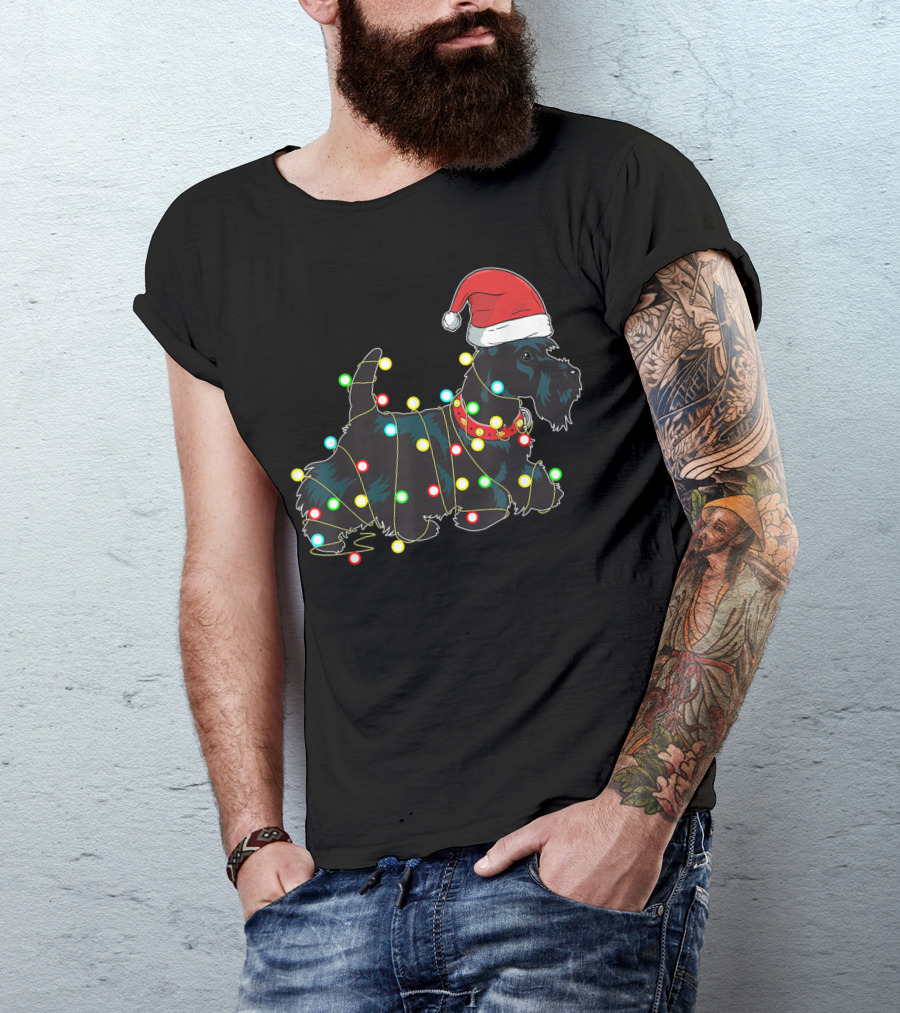 Scottish Terrier Wrapped In Christmas Lights And Santa Hat T-Shirt