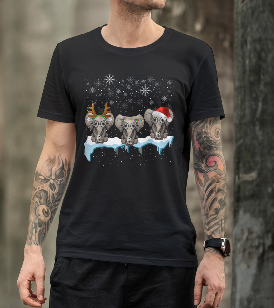 Christmas Three Hippie Elephants With Reindeer Antlers Santa Hat Peace Signs Snowflakes T-Shirt