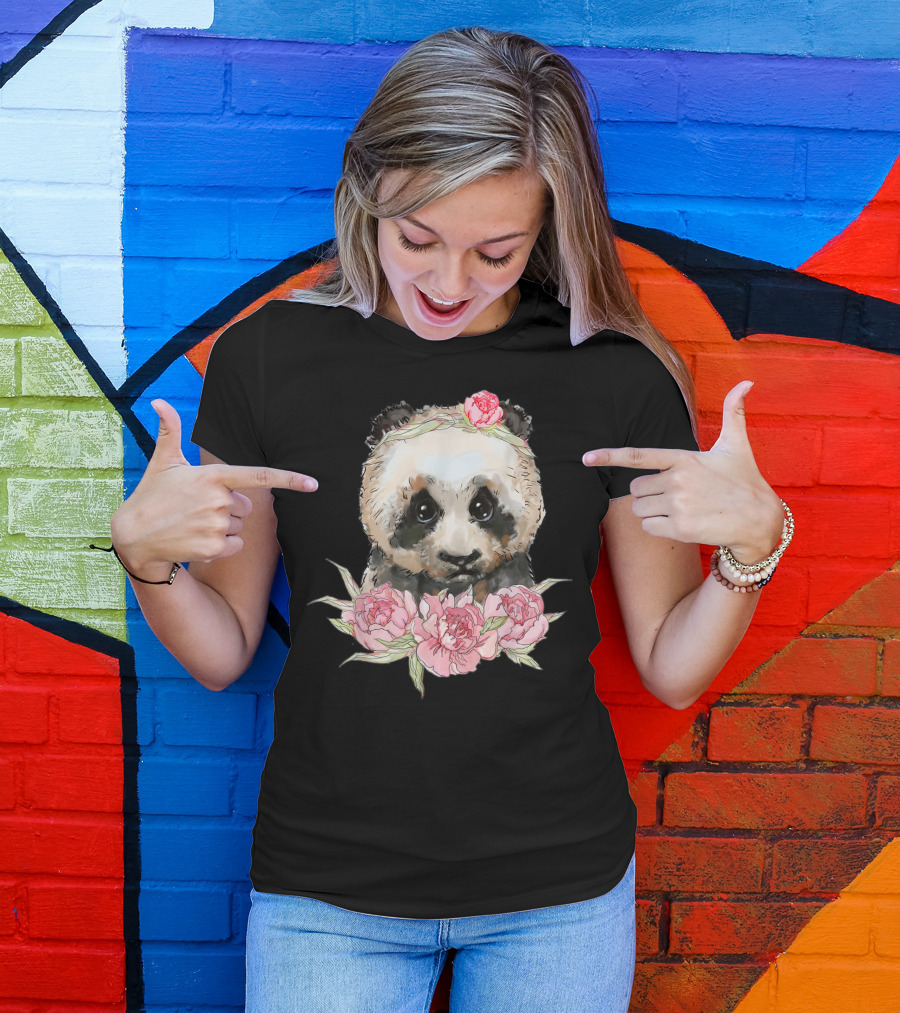 Baby Panda Bear With Pink Flower Crown And Blossoms T-Shirt