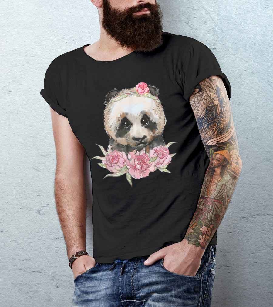 Baby Panda Bear With Pink Flower Crown And Blossoms T-Shirt